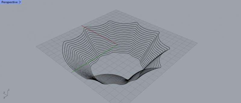 3D contour model in Rhino showing undulating terrain or surface topology using curved section lines.