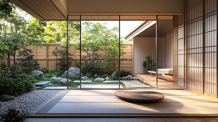Traditional Japanese engawa veranda overlooking garden.*