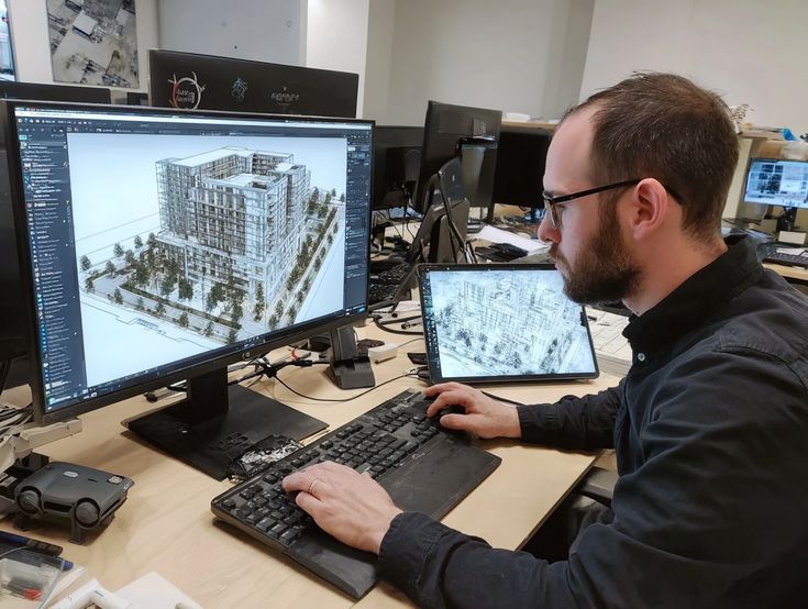 Architect working with digital BIM model on computer screen.*