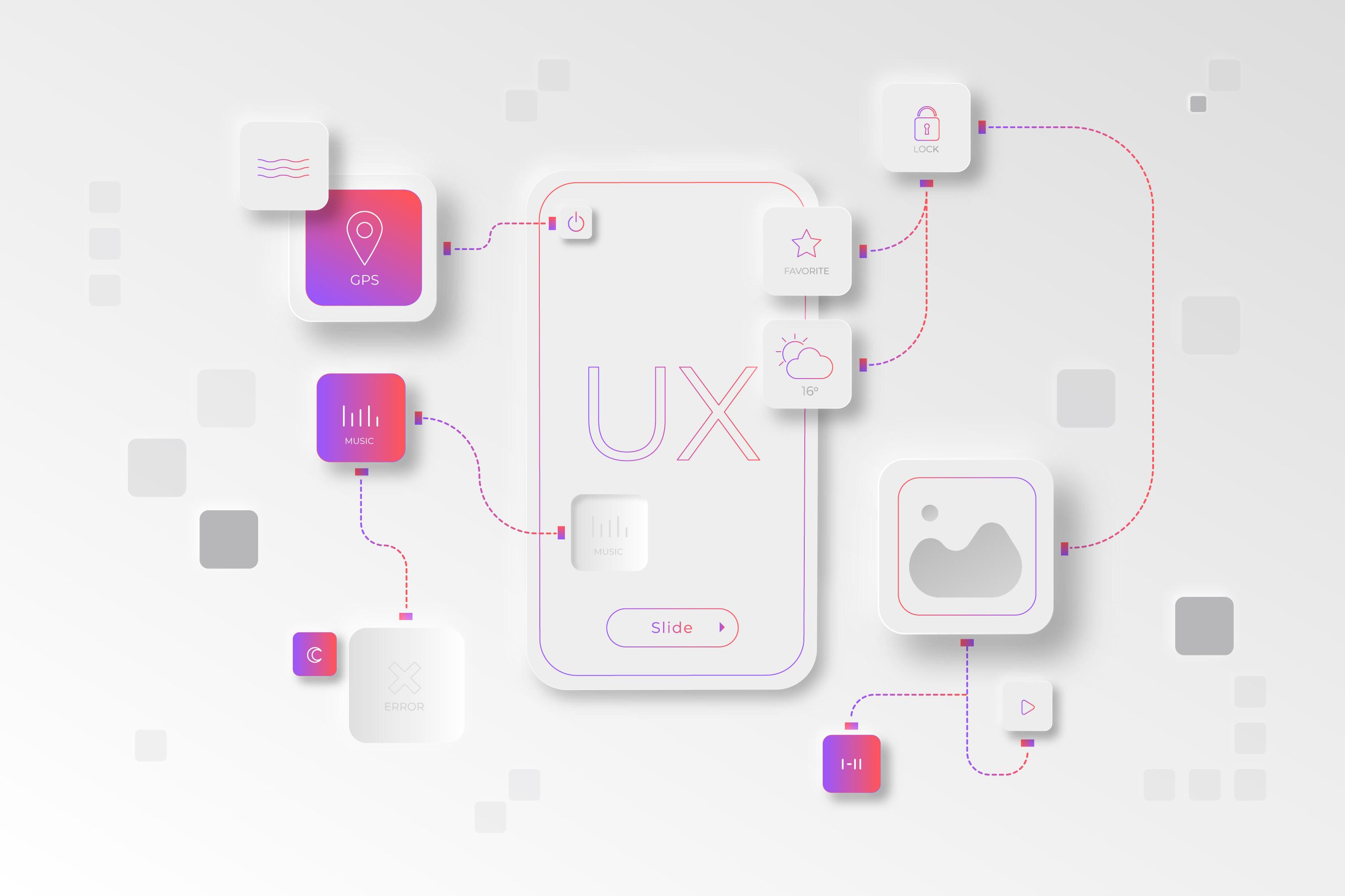 A modern graphic design showcases a large smartphone with UI-UX design at its core, surrounded by app icons for GPS, music, and weather. Colorful lines connect the icons against a gradient background with scattered square elements, highlighting the career potential in this dynamic field.