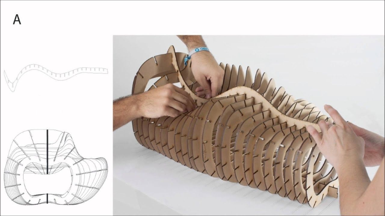 Hands assembling a parametric wooden structure based on digital contour drawings for architectural prototyping