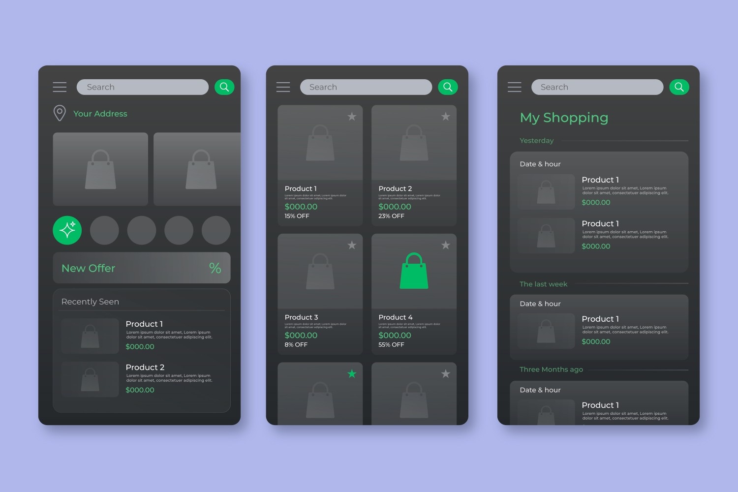Three smartphone screens display a sleek, dark mode shopping app interface. The UI-UX design highlights sections for offers, shopping lists, and product discounts. Icons, search bars, and text detailing products enhance the seamless user experience on each screen.
