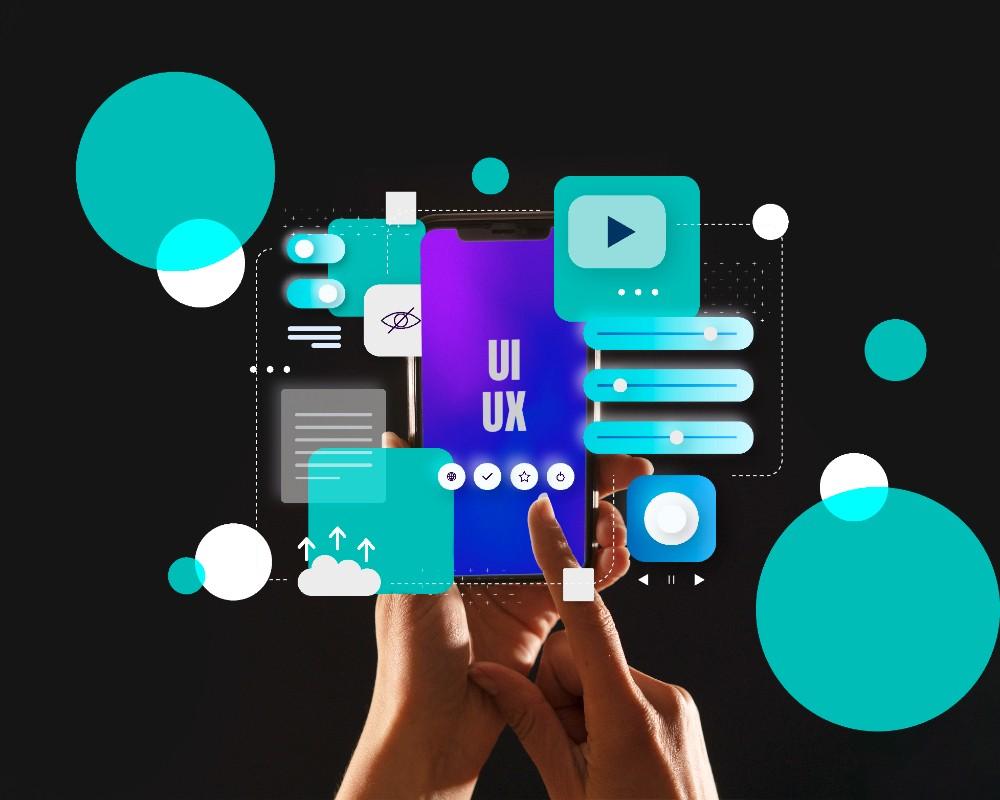 Hands holding a smartphone displaying the text UI UX surrounded by digital interface elements like buttons, sliders, and icons.