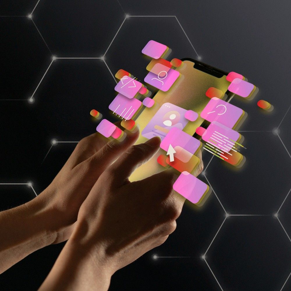 Hands interacting with a smartphone displaying vibrant pink and orange floating app icons, enhanced by AI-powered personalization.&nbsp;