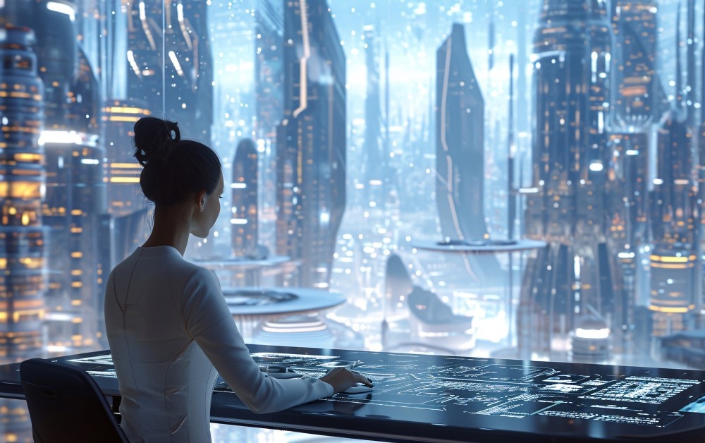 A person in futuristic attire operates a digital control panel with architectural drawings, utilizing AI-driven automation, while gazing at a high-tech cityscape through a large window. 