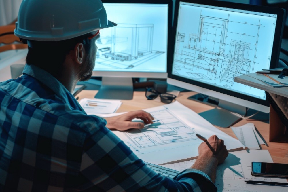 A BIM Architect wearing a hard hat and plaid shirt is seated at a desk, studying architectural blueprints on two computer monitors. Surrounded by various papers and tools, they focus intently on design work while refining their online presence through innovative social media strategies.