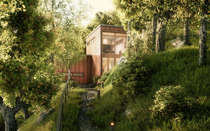 A cube-shaped house with large windows sits nestled in a green hillside. The sun filters through the leaves, beautifully created by architects using advanced 3D rendering tools, highlighting the wooden path leading to the house.