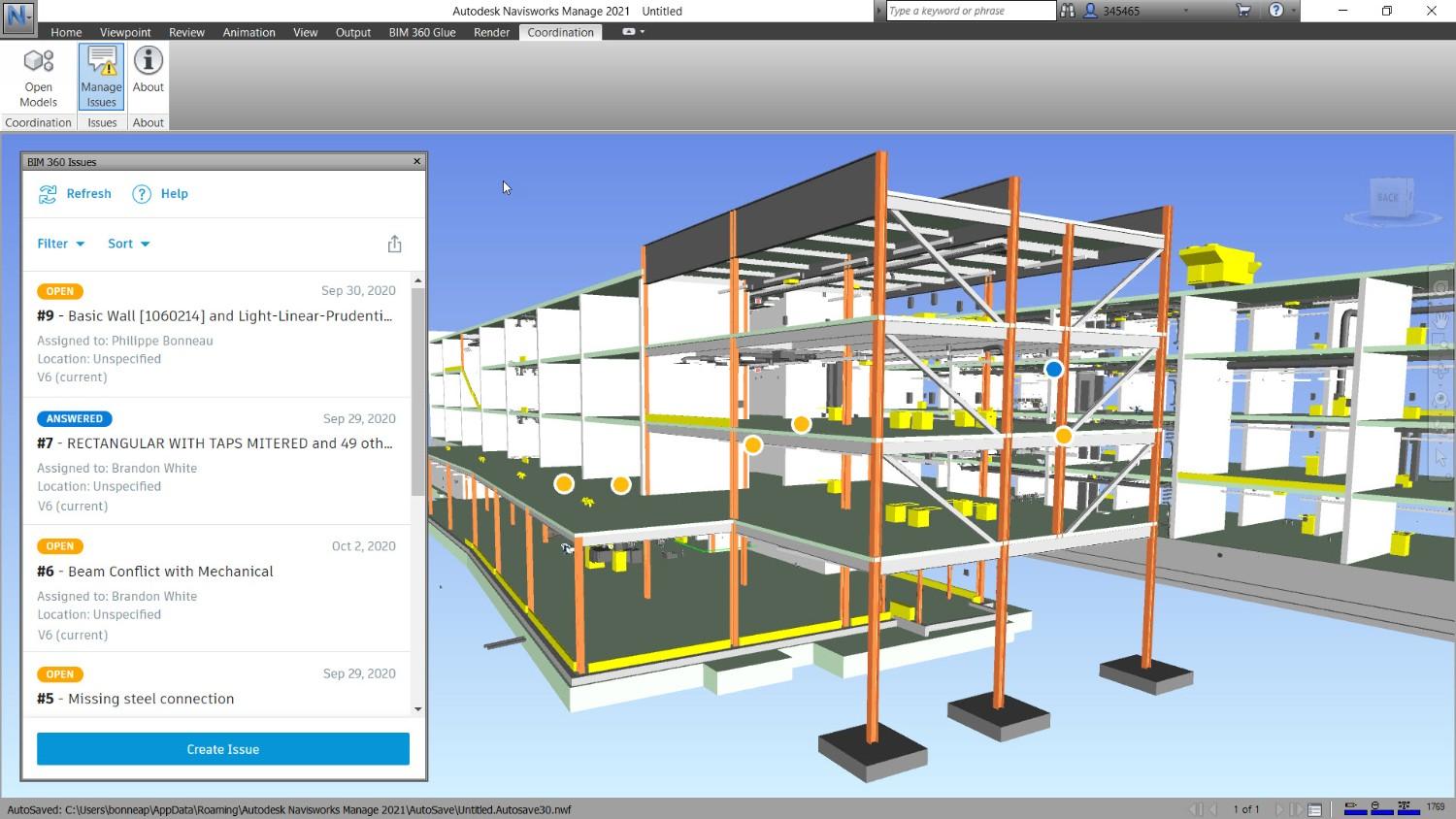 A screenshot of Autodesk Navisworks Manage 2021 software displaying a detailed 3D building model with structural components.&nbsp;