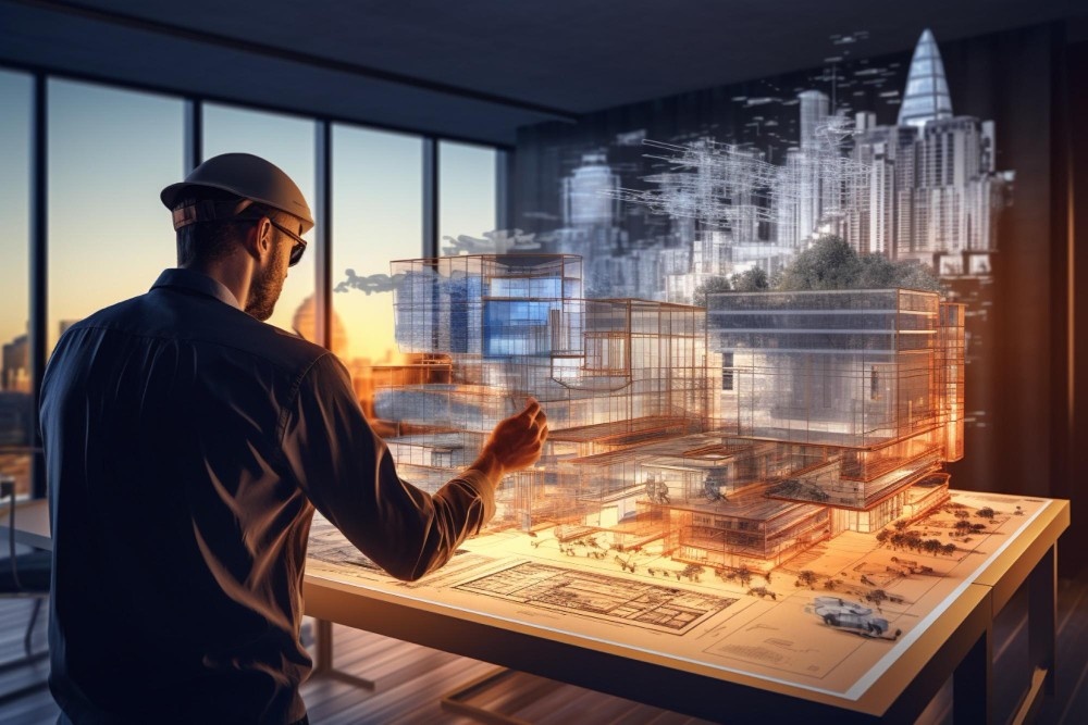 An architect interacts with a holographic architectural model of a cityscape, reflecting the power of AI-driven automation for enhanced BIM project efficiency. 