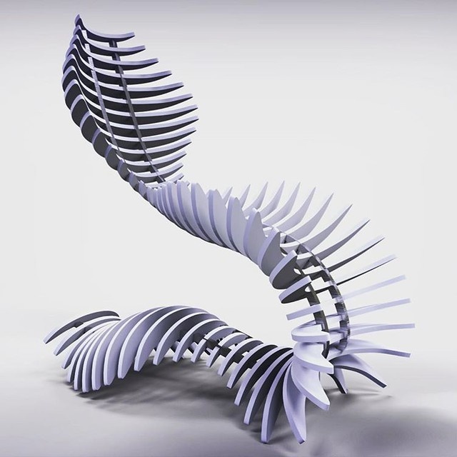 Futuristic parametric sculpture made of curved, interlocking segments in a dynamic spiral form.