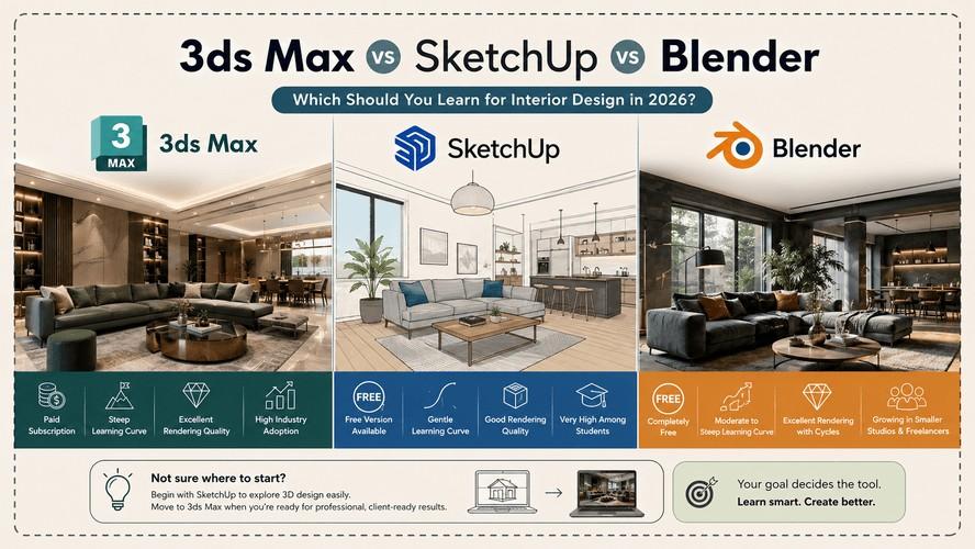3ds Max vs SketchUp vs Blender comparison for interior design, showing cost, learning curve, rendering quality, and industry adoption.