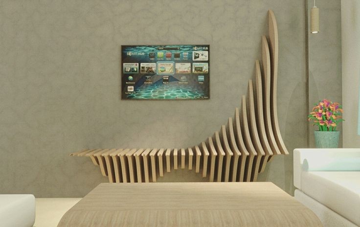 Modern interior with a sculptural parametric wooden bench and wall-mounted digital display panel