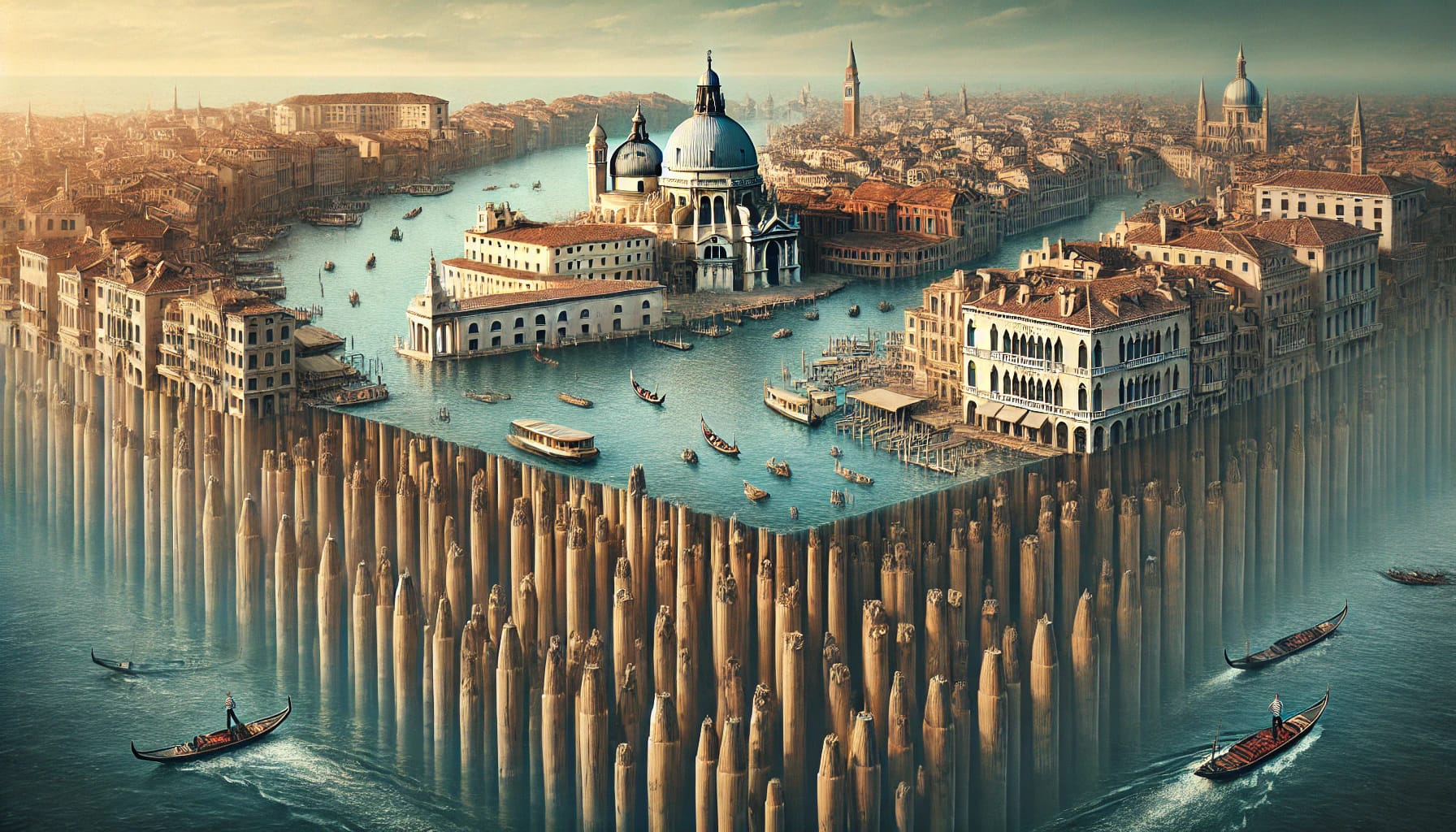 Venice’s buildings perched above canals, supported by ancient wooden piles under water