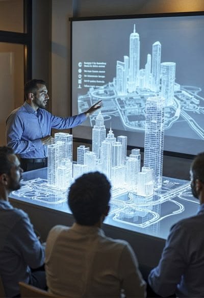 BIM manager coordinating multi-disciplinary building models on a large screen.