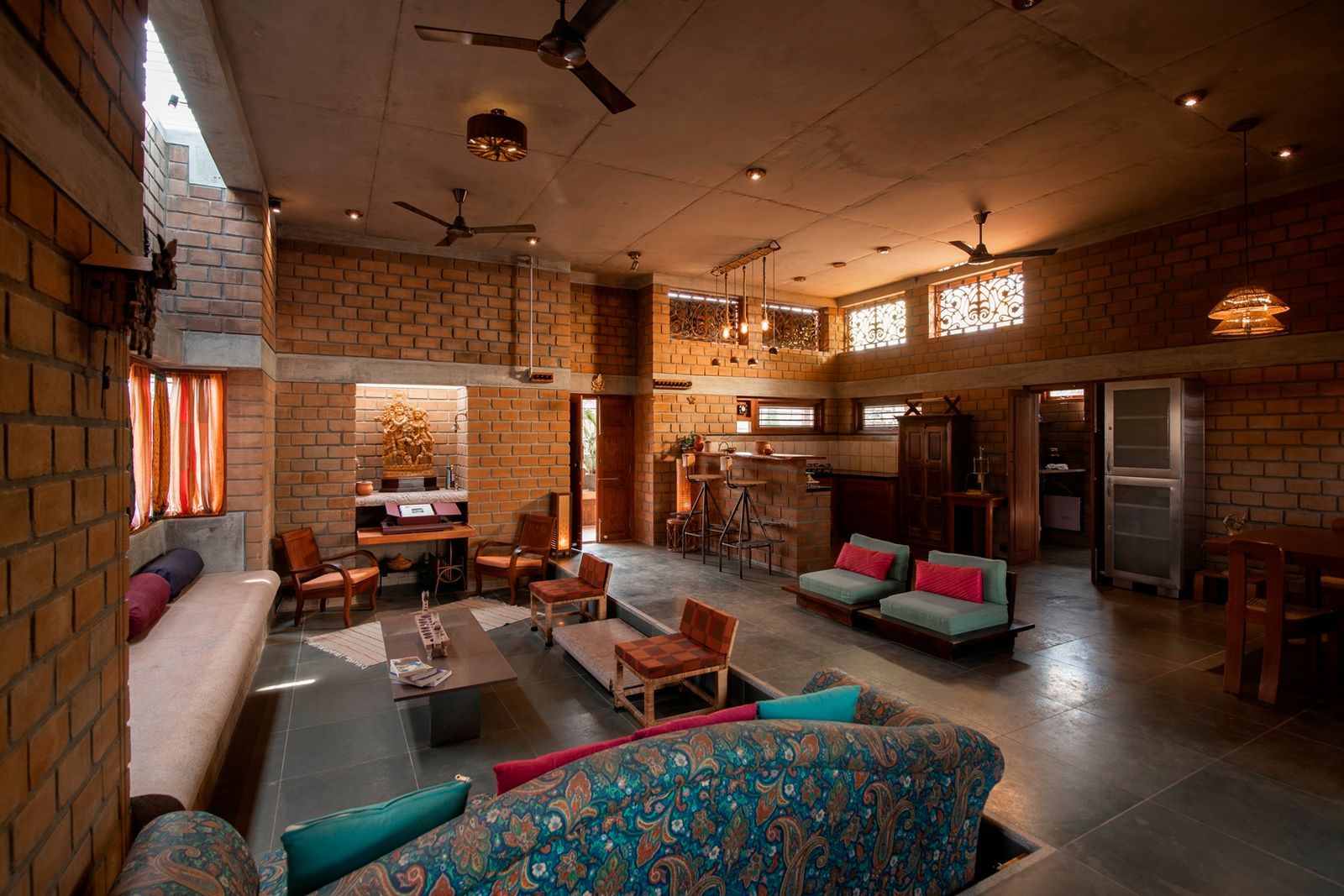 Simplistic use of Material giving the interiors a raw, earthy and grounded look to Garden House in Bengaluru