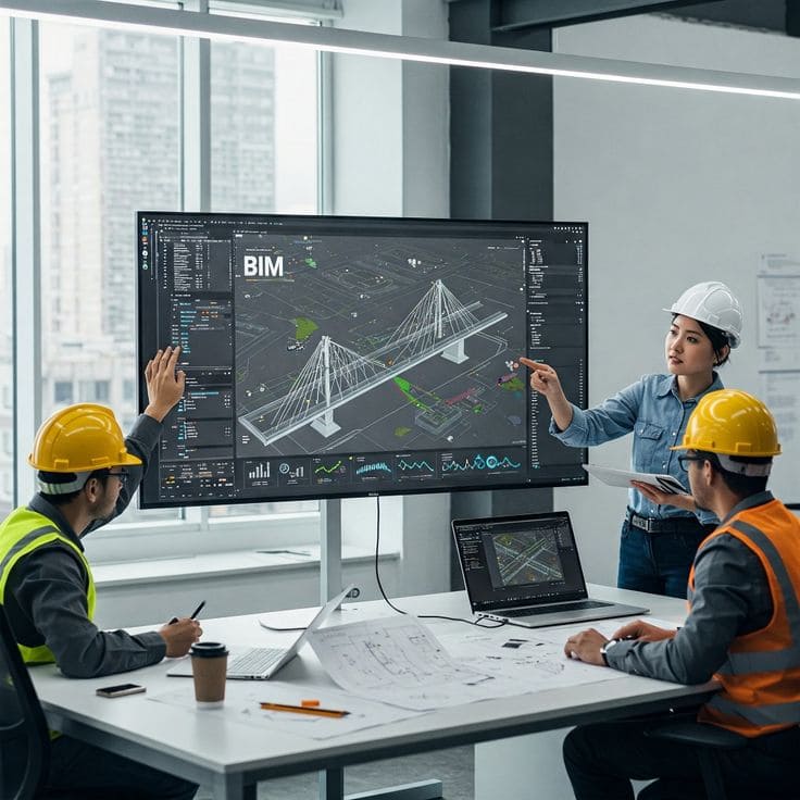 Architect collaborating with engineers around digital architectural model.*