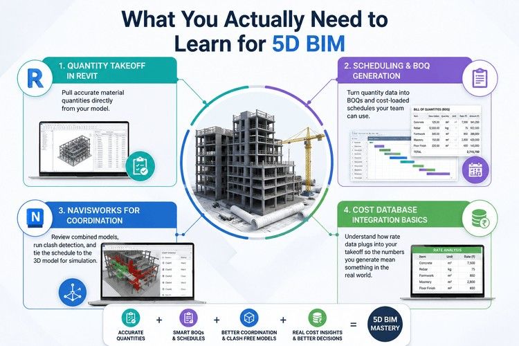 Infographic illustrating essential 5D BIM skills including Revit quantity takeoff, BOQ generation, Navisworks coordination, and cost database integration.