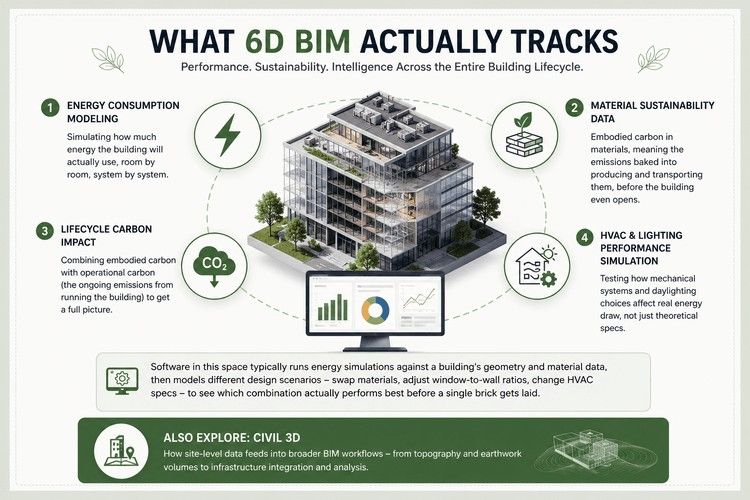 6D BIM infographic showing energy modeling, lifecycle carbon, sustainable materials, and HVAC performance simulations.