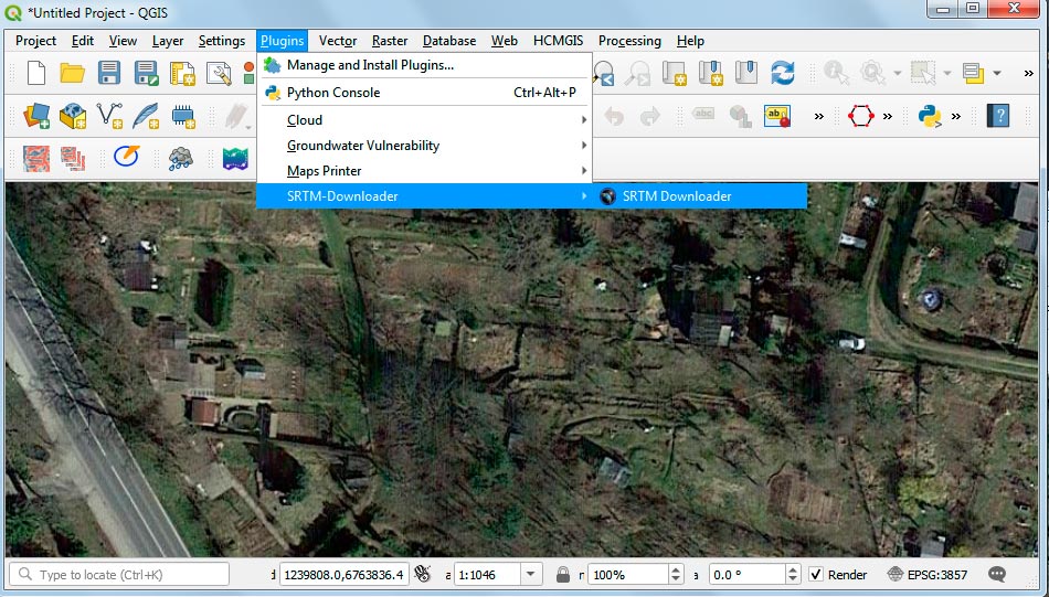 QGIS software interface with SRTM plugin for elevation and terrain mapping