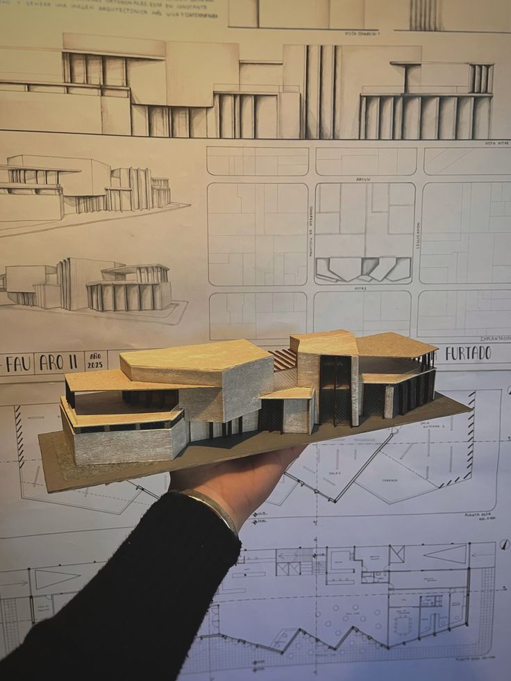 Architecture student working late in studio surrounded by drawings and models.