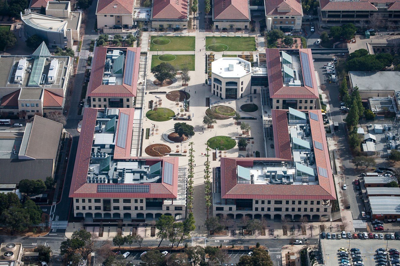 Stanford campus bio-swale network integrating stormwater and landscape.