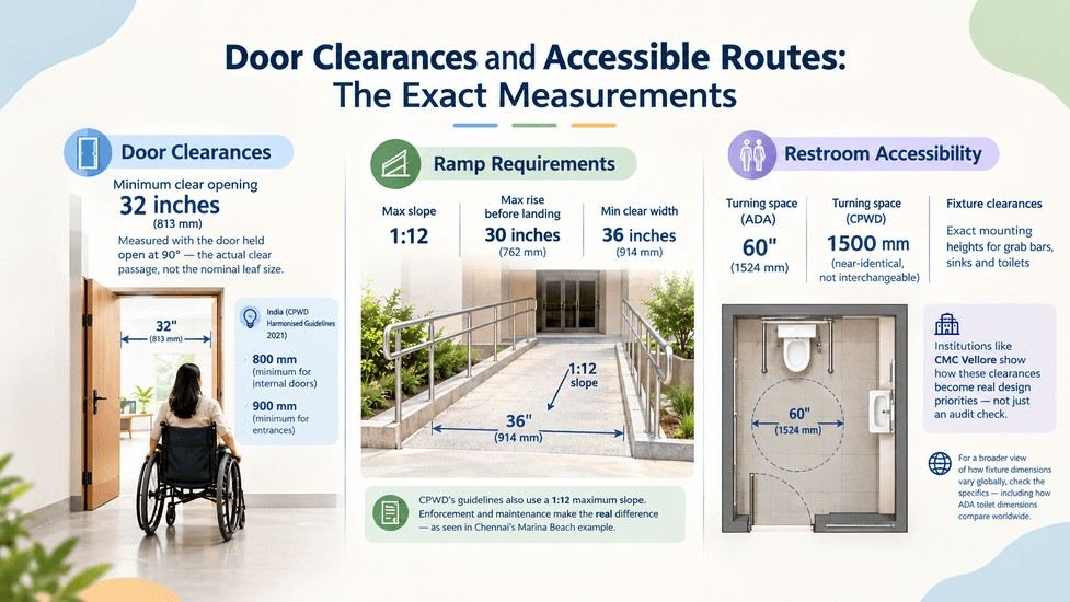 ADA and Indian accessibility standards showing door, ramp, and restroom measurements for inclusive architectural design.
