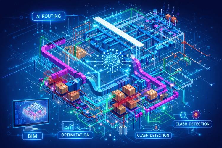AI-driven BIM model showing automated MEP routing, real-time clash detection, and system optimisation within a digital building environment.