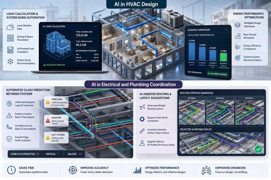 AI-powered HVAC, electrical, and plumbing coordination showing load calculations, energy optimization, clash prediction, and automated MEP routing.