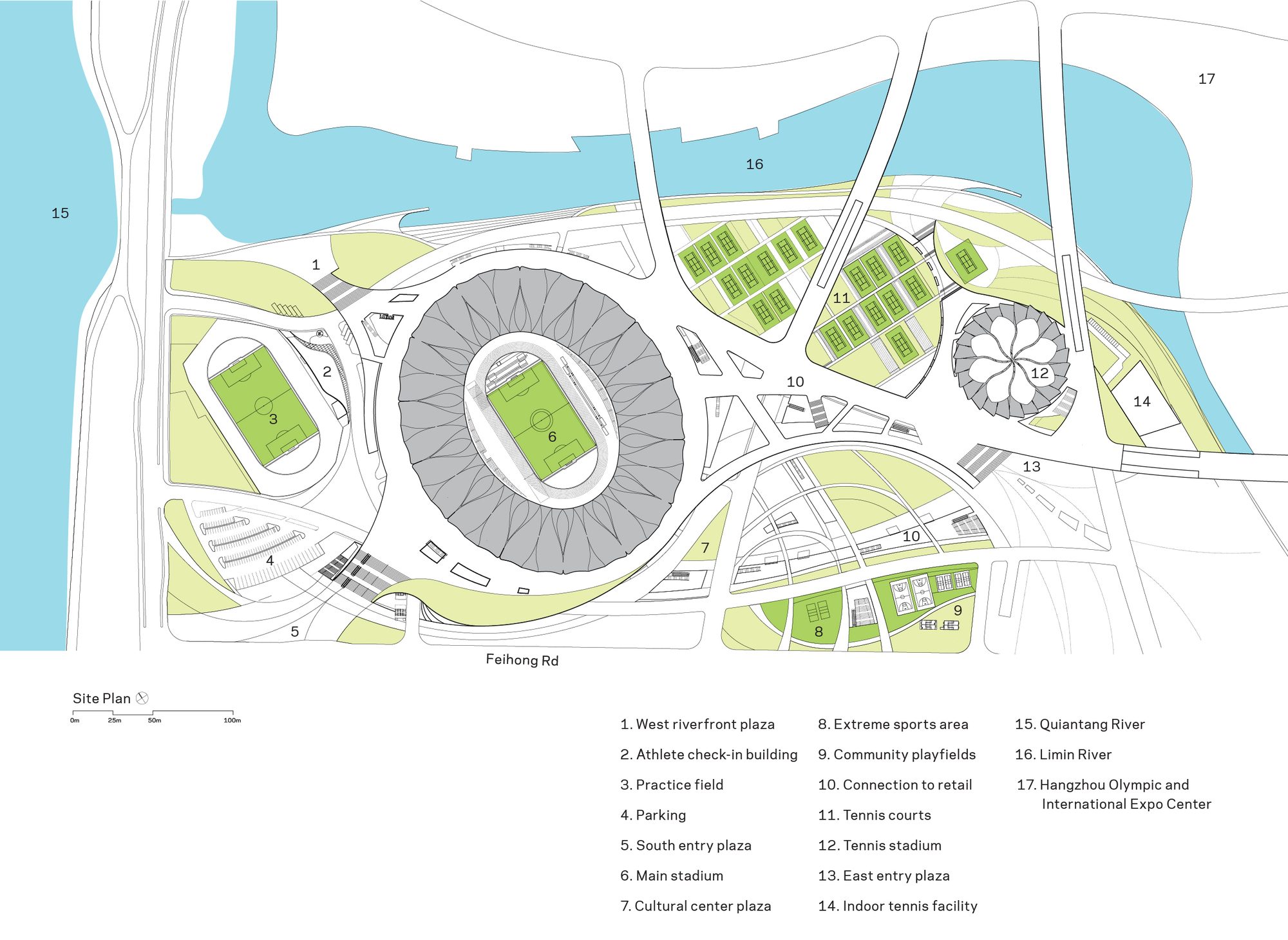 Areas Marked on Site Plan for Hangzhou Olympic Sports Centre