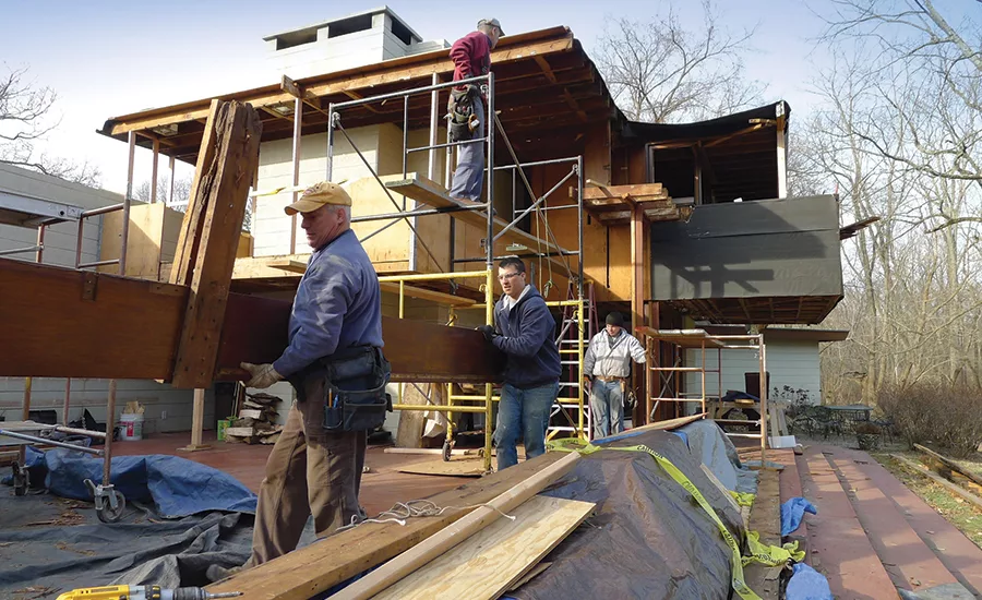 Construction process of Bachman-Wilson House relocation and reassembly at Crystal Bridges.