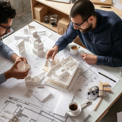Design architect sketching conceptual form and presenting 3D model.