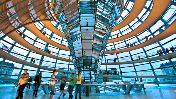 Interior spiral walkway of Reichstag Dome in Berlin designed by Norman Foster.