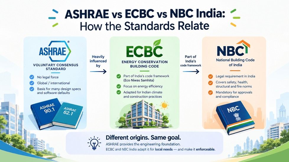 ASHRAE, ECBC, and NBC India standards compared for MEP engineering compliance and energy efficiency.