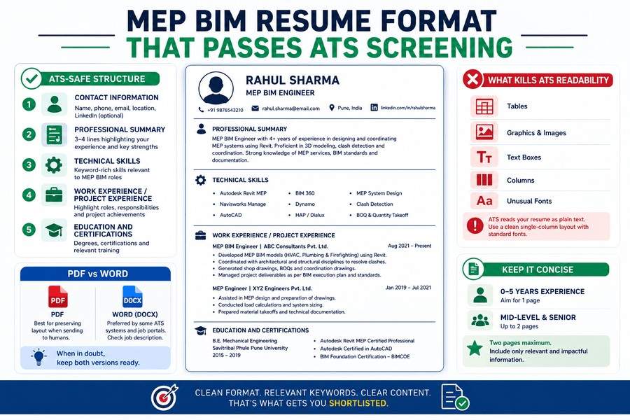 ATS-friendly MEP BIM resume format infographic showing clean layout, keywords, formatting tips, and PDF versus Word guidance.