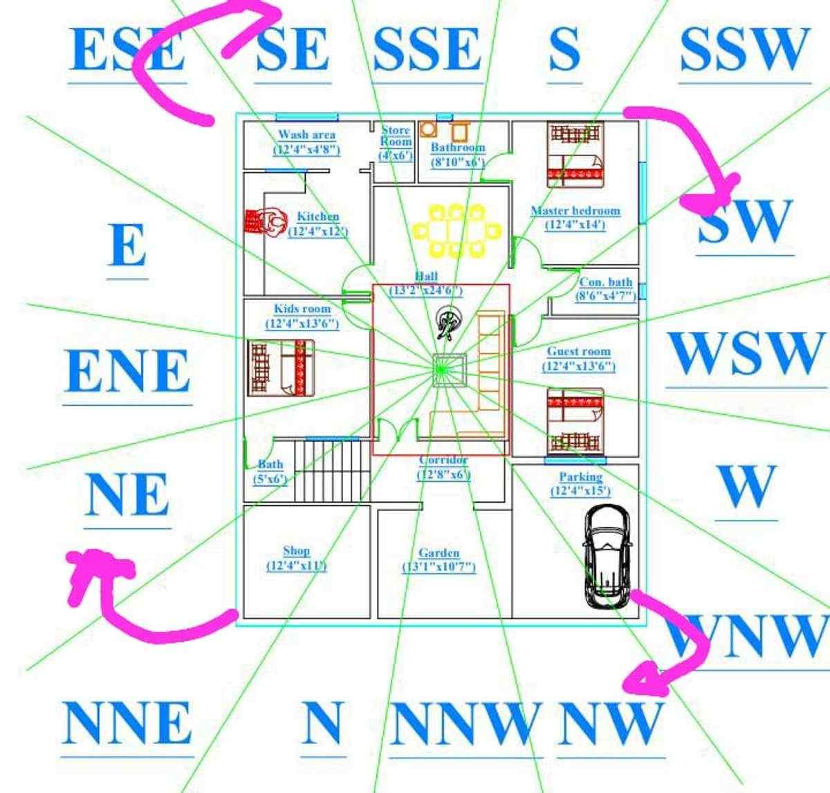 Vastu-compliant house plan overlaid with a Vastu Purusha Mandala, aligning architectural spaces with directional energies as prescribed in Vastu Shastra.