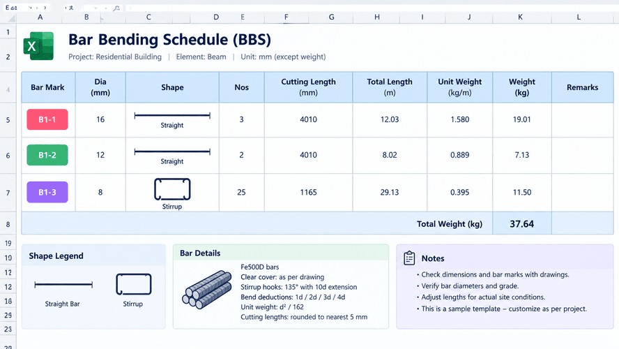 Excel bar bending schedule template showing bar marks, cutting lengths, quantities and reinforcement weights