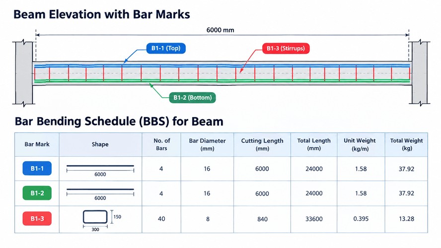 Beam reinforcement bar marks linked to a bar bending schedule (BBS) table.