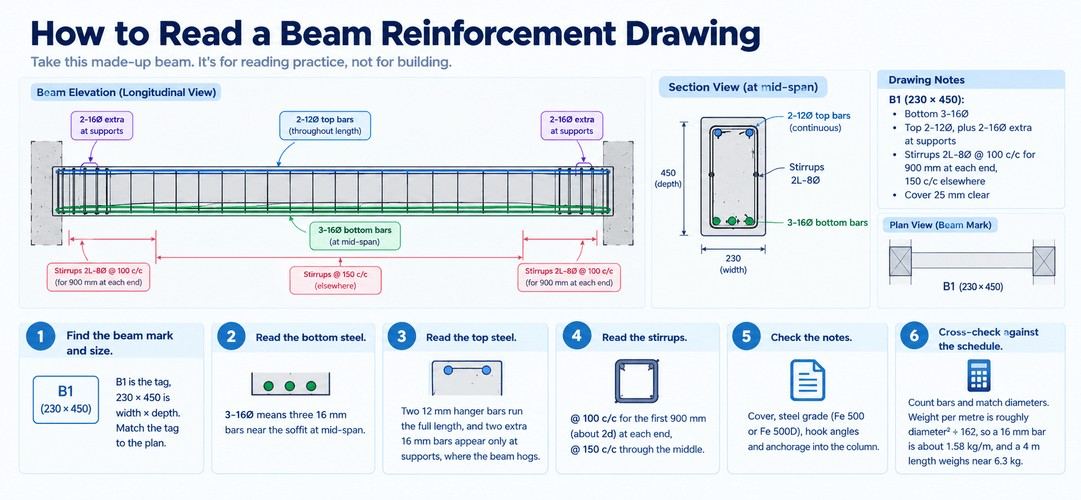How to read a beam reinforcement drawing: Annotated RCC beam drawing showing reinforcement bars, stirrup spacing, beam dimensions, and clear cover.