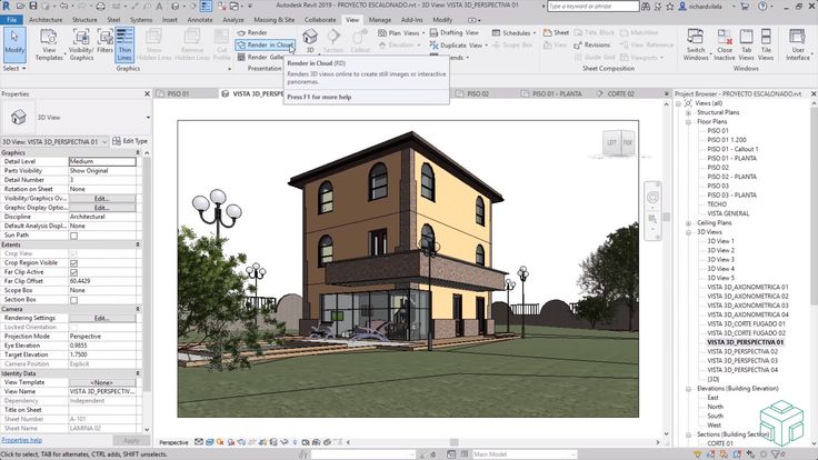 A 3D architectural rendering of a two-story house in Autodesk Revit, demonstrating advanced BIM tools. The software interface showcases various design panels and tools, perfect for an architecture portfolio.