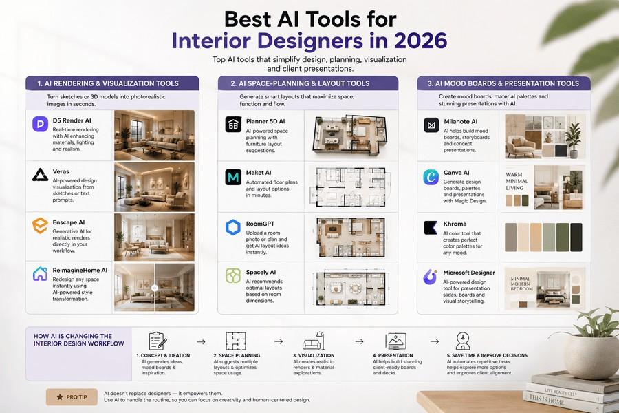 AI interior design tools for rendering, space planning, mood boards, presentations, and workflow automation.