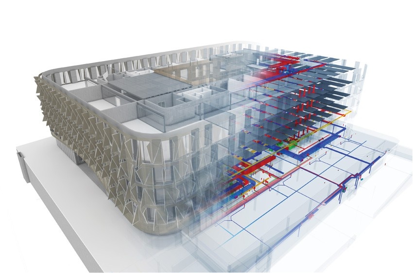 A digital 3D model of a multi-story building with transparent walls reveals its complex internal structures. Perfect for architecture students, it highlights several floors, colorful piping for utilities, and architectural details often explored in BIM architecture projects.
