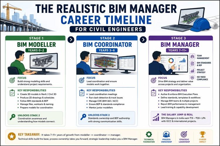 Career timeline infographic showing BIM Modeller, BIM Coordinator, and BIM Manager stages with responsibilities, progression, and salary growth.