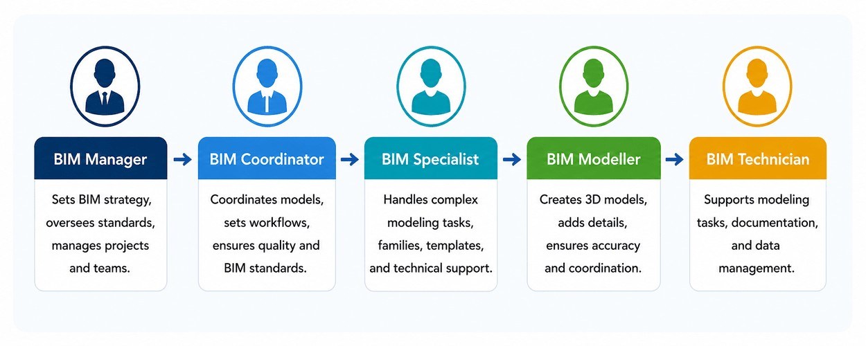 BIM career hierarchy showing the progression from BIM Manager to BIM Coordinator, Specialist, Modeller, and Technician.