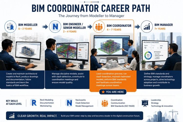 BIM career progression roadmap showing advancement from BIM Modeller to BIM Manager, highlighting skills, coordination responsibilities, leadership growth, and expertise.