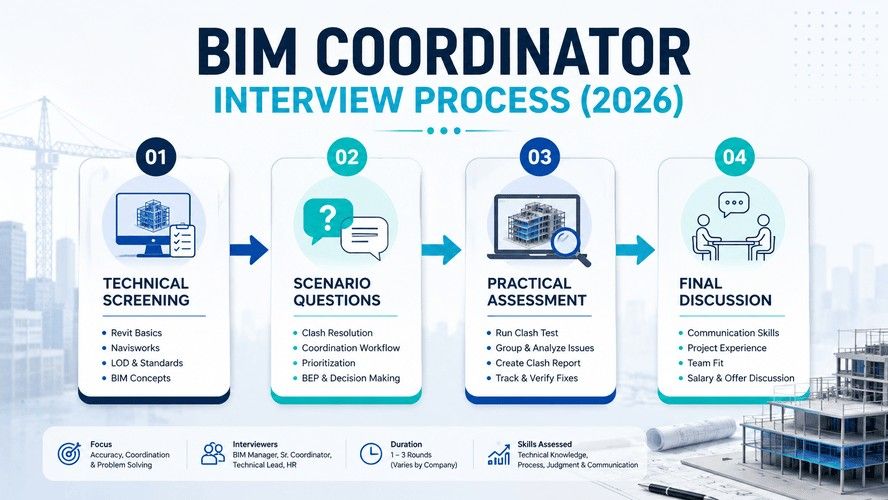 Illustrated BIM Coordinator interview process flowchart showing technical screening, scenario questions, practical assessment, and final discussion stages for 2026.