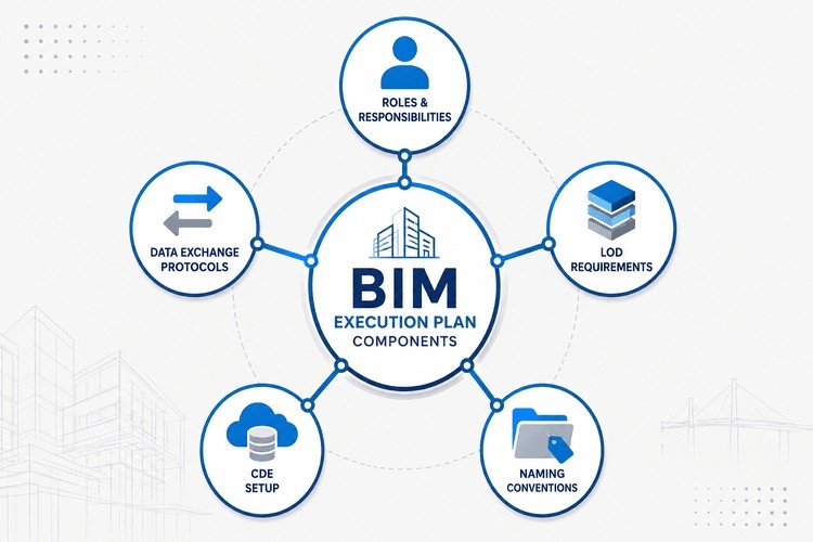 BIM Execution Plan components diagram: roles, LOD requirements, naming conventions, CDE setup, data exchange