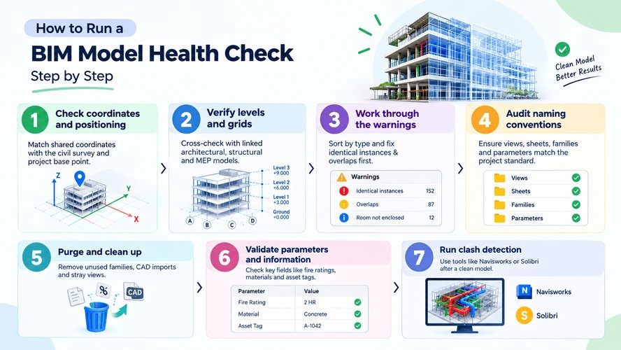 BIM model health check infographic showing seven steps for coordinates, levels, warnings, naming, cleanup, parameters, and clash detection.