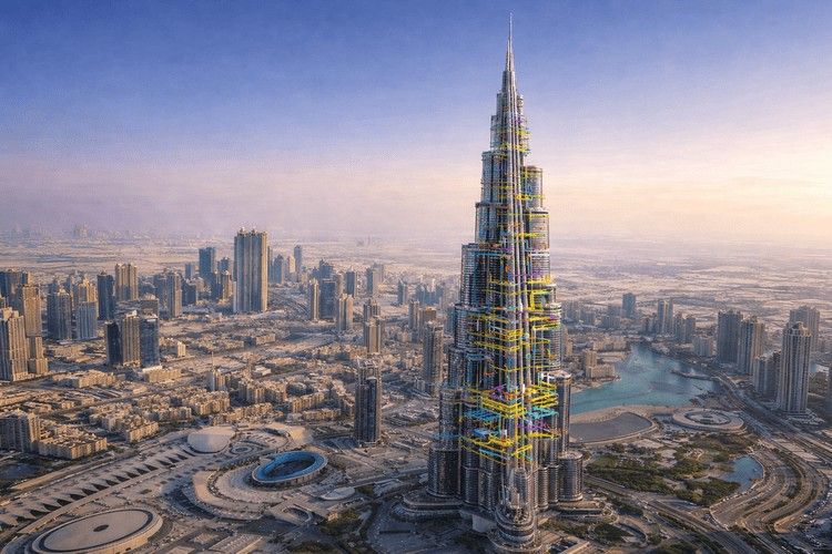 &nbsp;Landscape view of Burj Khalifa with colorful BIM MEP systems overlay across the tower and Dubai skyline backdrop.