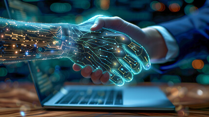 A human hand shakes hands with a glowing, circuit-patterned robotic hand above a laptop keyboard, symbolizing the seamless collaboration in Human-Computer Interaction. This synergy enhances UX design and usability. 
