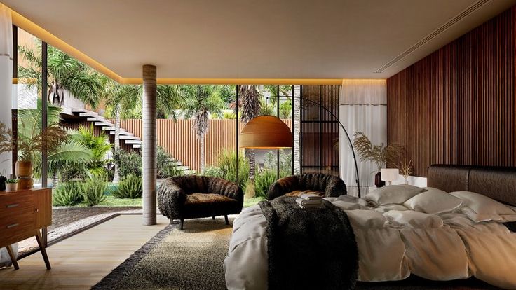 A modern bedroom with a large bed, cozy seating area, and floor-to-ceiling windows is beautifully captured in photorealistic renders. 